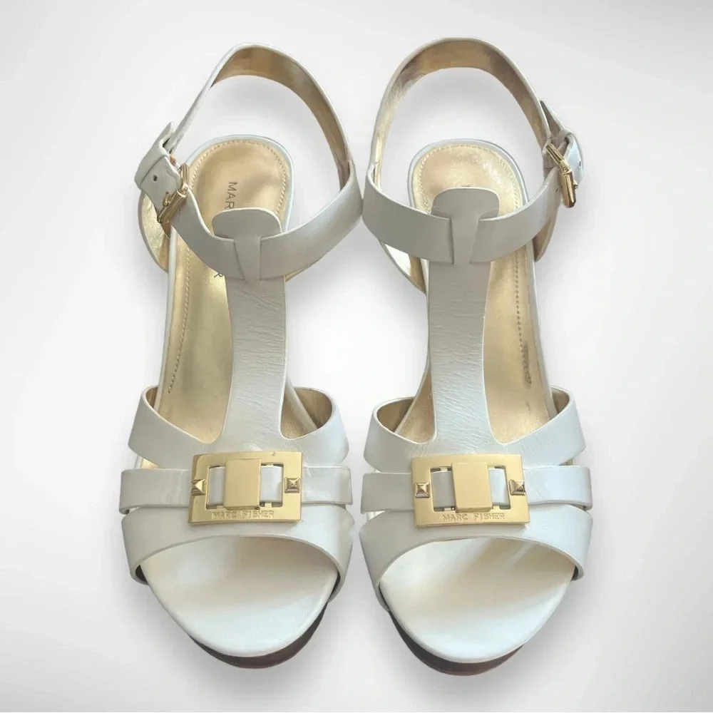 MARC FISHER Women's Varika 2 White Leather Platform Sandals With Heel  7.5 | New - Picture 2 of 8